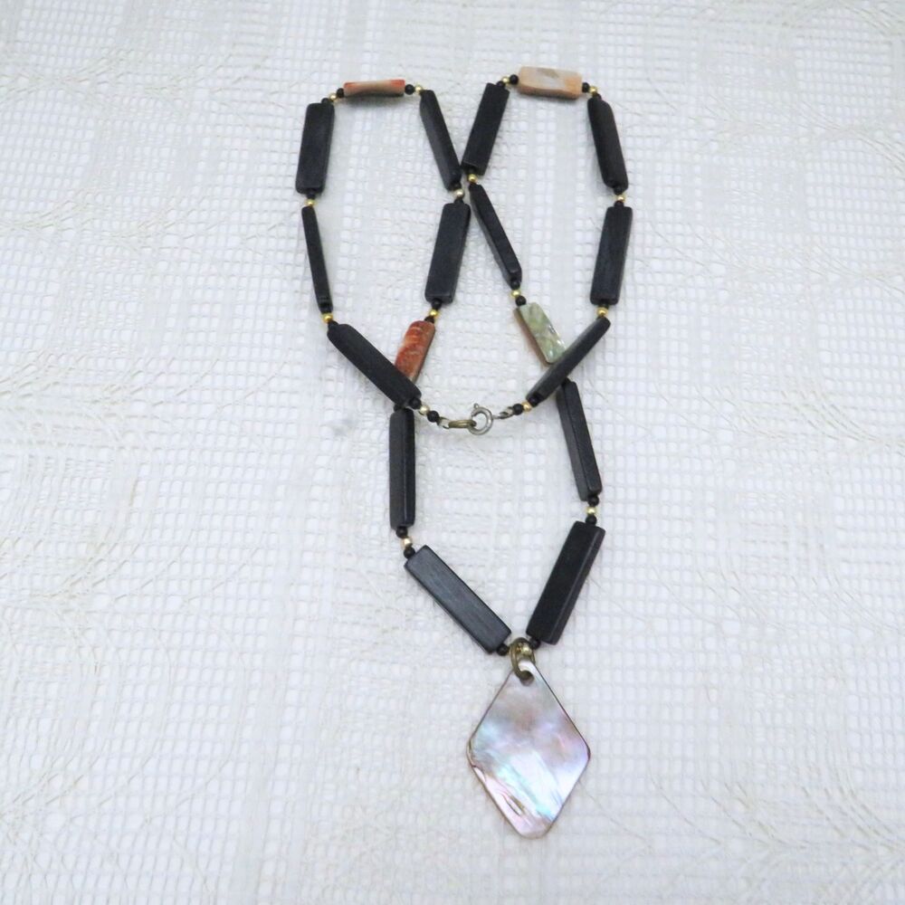 Vintage Necklace w/ Black and Paui Shell Beads and Paui Shell Pendant 26 inches